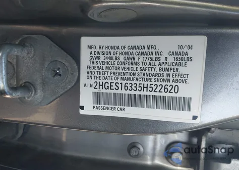 2005 Honda Civic Vp из США, поврежденный, VIN 2HGES16335H522620